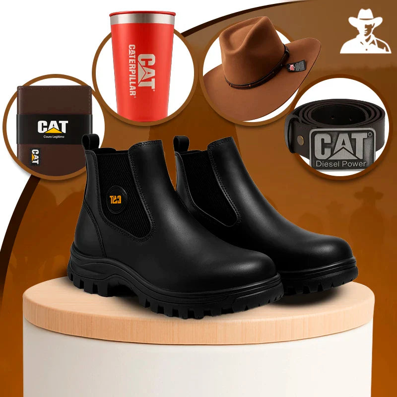 Kit Bota Masculina Adventure em Couro Legítimo e Palmilha Ortopédica +BRINDES: Chapéu, Cinto, Carteira e Copo