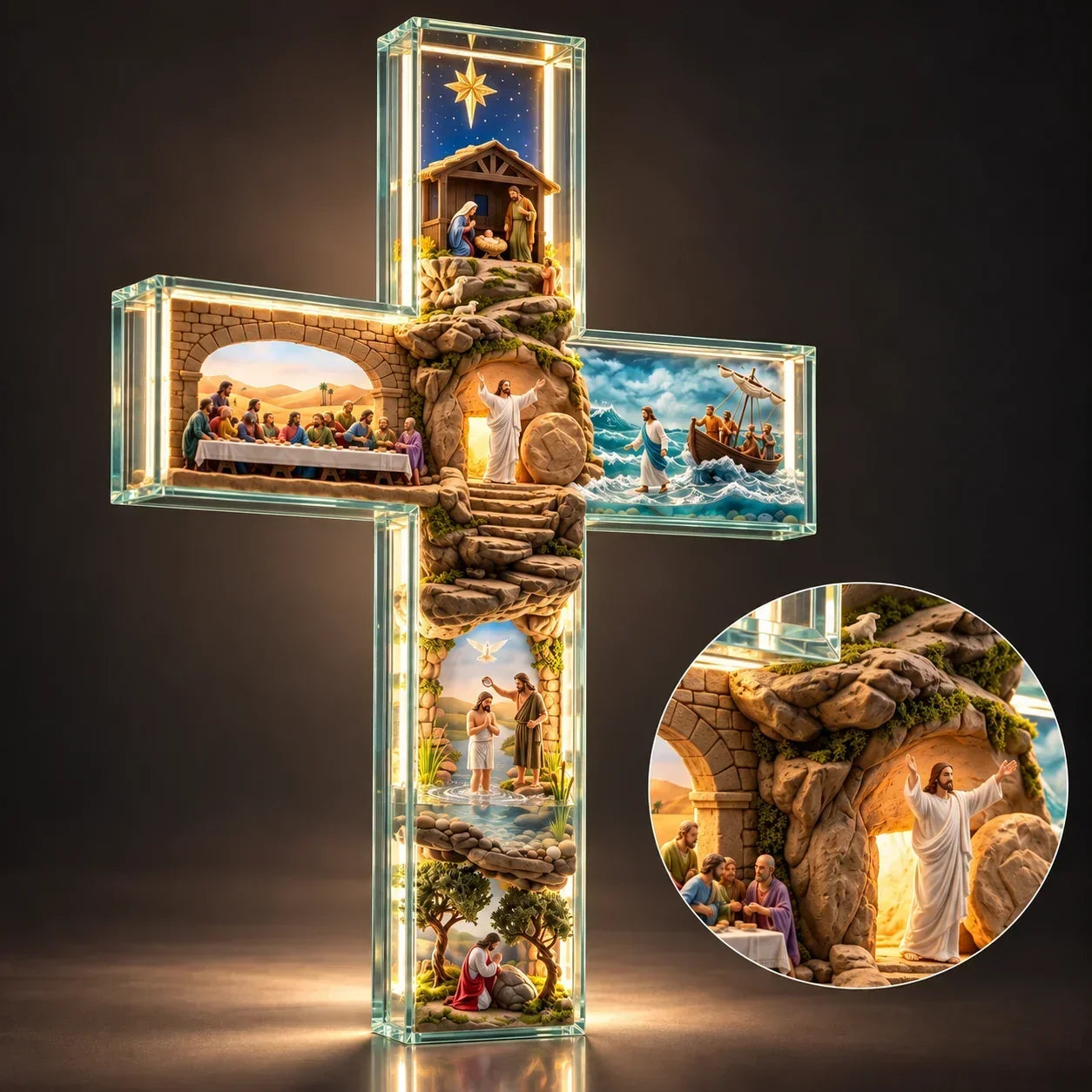 Cruz Iluminada Caminho de Jesus – 6 Cenas em Relevo com Luz e Controle Remoto