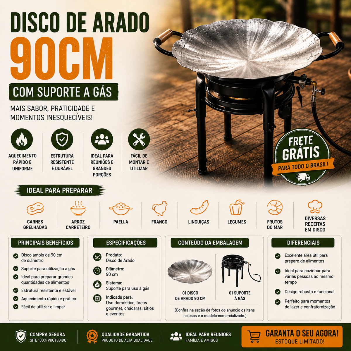 Disco de Arado Campeiro 90cm – Suporte a Gás de Alta Pressão