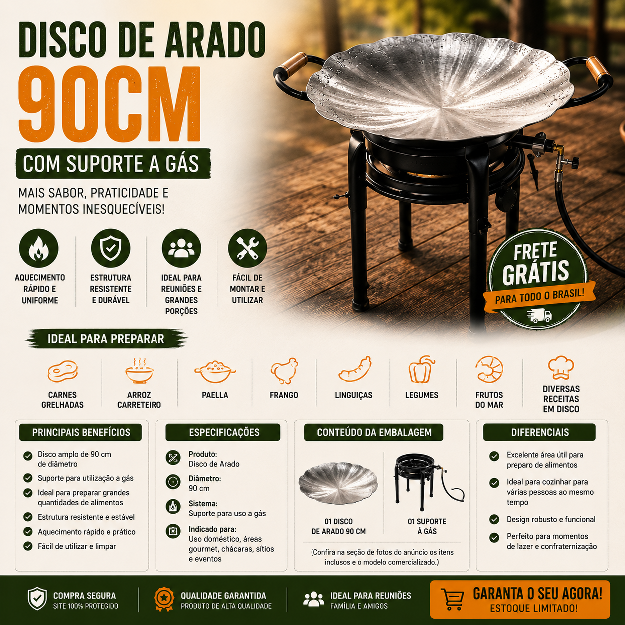 Disco de Arado Campeiro 90cm – Suporte a Gás de Alta Pressão