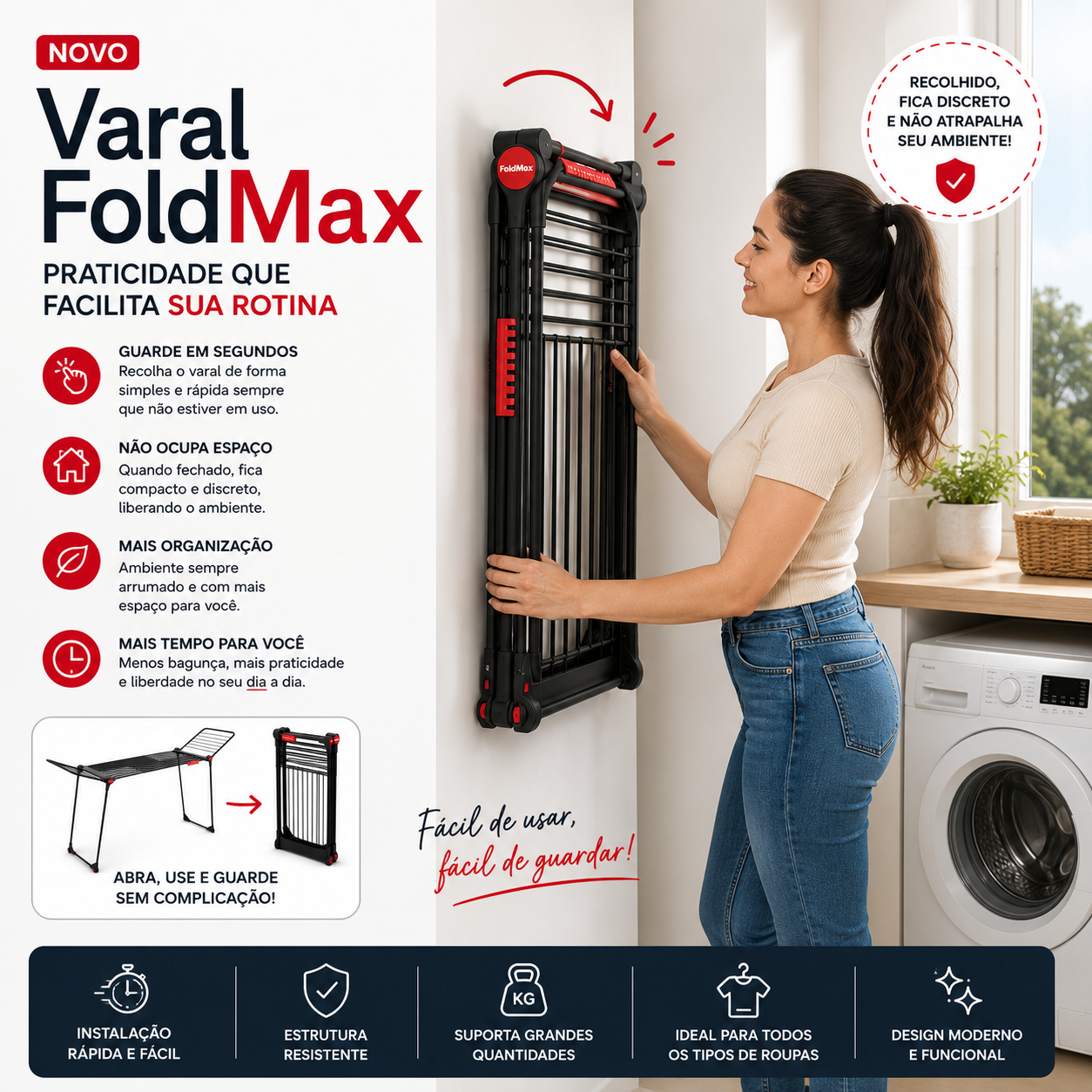 Varal FoldMax™ – O Varal que Desaparece Quando Você Não Precisa