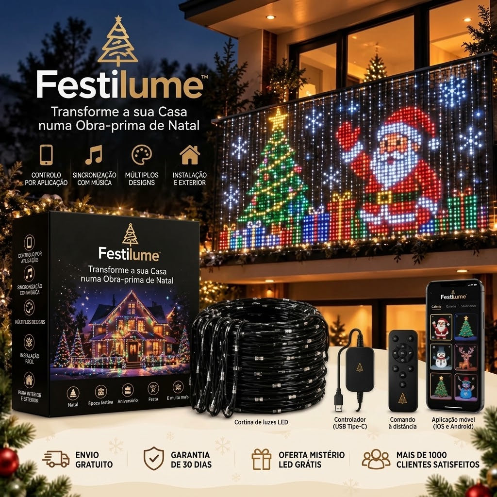 Cortina de LED Inteligente Festilume para Sacada – Animações de Natal pelo Celular