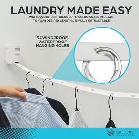 Retractable Clothesline Indoor Outdoor Clothes Line | Heavy Duty Clothes Drying Laundry Line | Wall Mounted Clothes Drying Rack Clothing | Retracting 34 Windproof Hanging Holes Laundry Drying