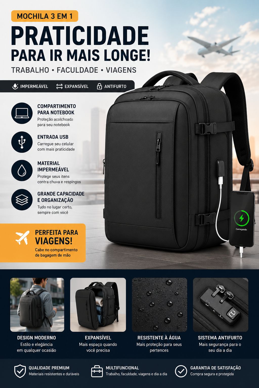 UrbanPack Pro™ – Mochila Executiva Impermeável[Com USB e Compartimento para Notebook]