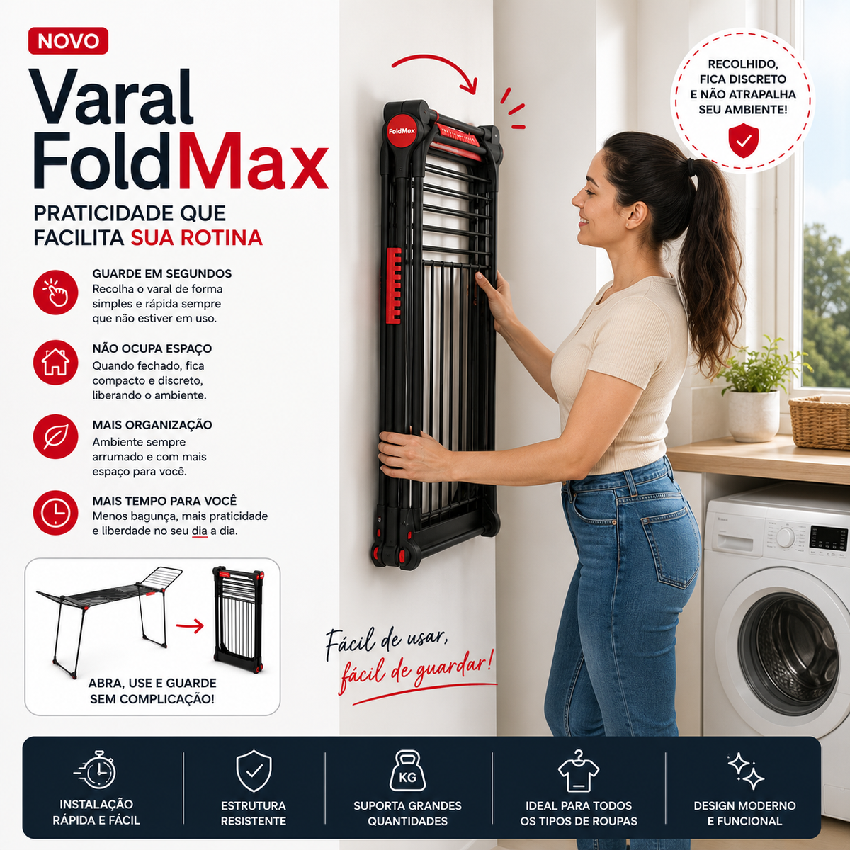 Varal FoldMax™ – O Varal que Desaparece Quando Você Não Precisa