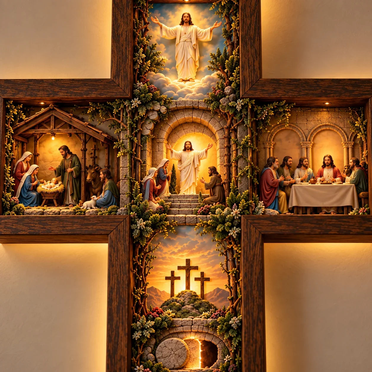 Cruz Iluminada com Cenas Bíblicas – Decoração Cristã em Madeira com Luz