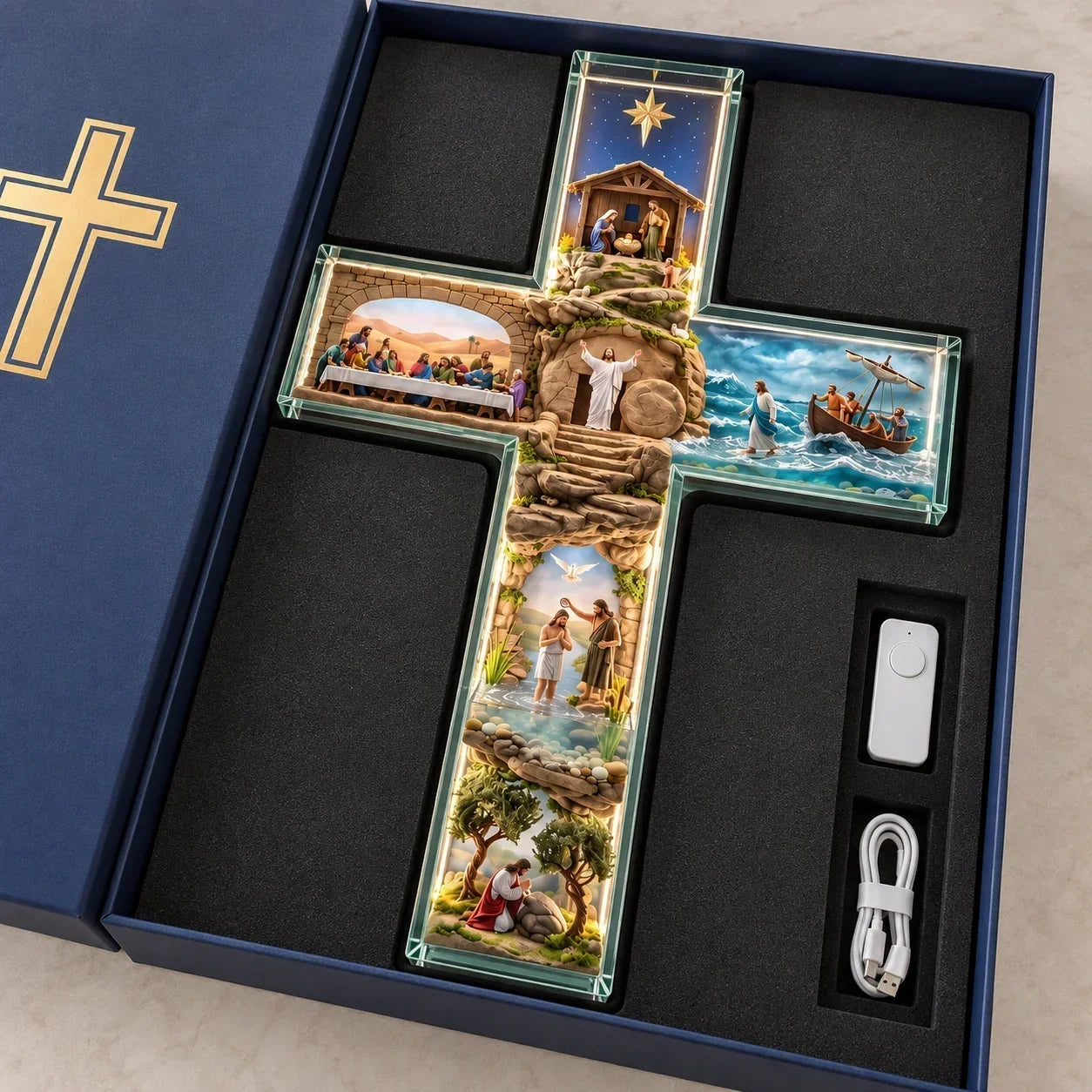 Cruz Iluminada Caminho de Jesus – 6 Cenas em Relevo com Luz e Controle Remoto