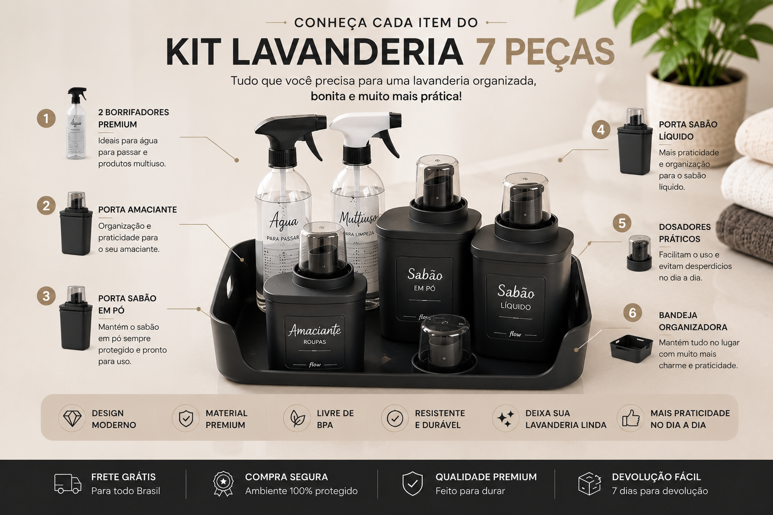 Flow Home™ – Kit Lavanderia Premium [7 Peças + Cesto]
